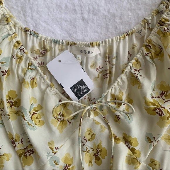 NWT Doen Sera Silk Short Puff Sleeve V Neck Mini Dress Gold Frolicking Floral - Picture 8 of 11